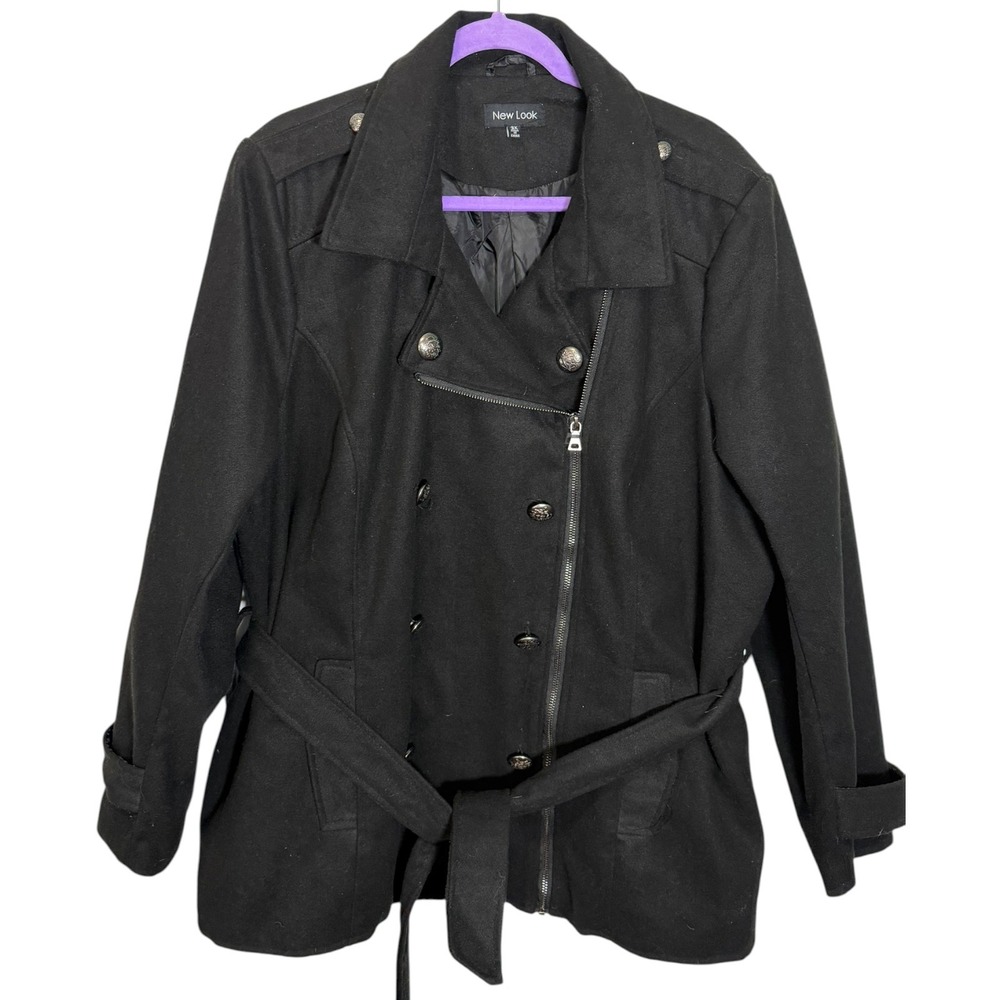 New Look 3X Black Pea Coat Asymmetrical Zip Crest Button Military Dark Academia
